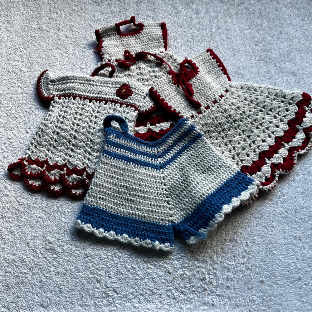 Handmade Set of 4 Crochet Kitchen Towel Toppers Cream Red Blue Vintage Style